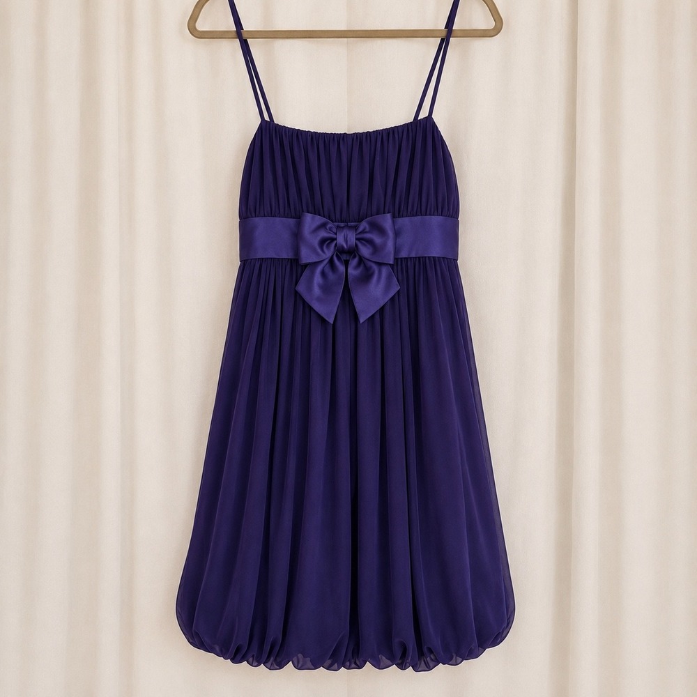 Y2K Purple Chiffon Bubble Dress Empire Waist autumn wedding guest cocktail Mini